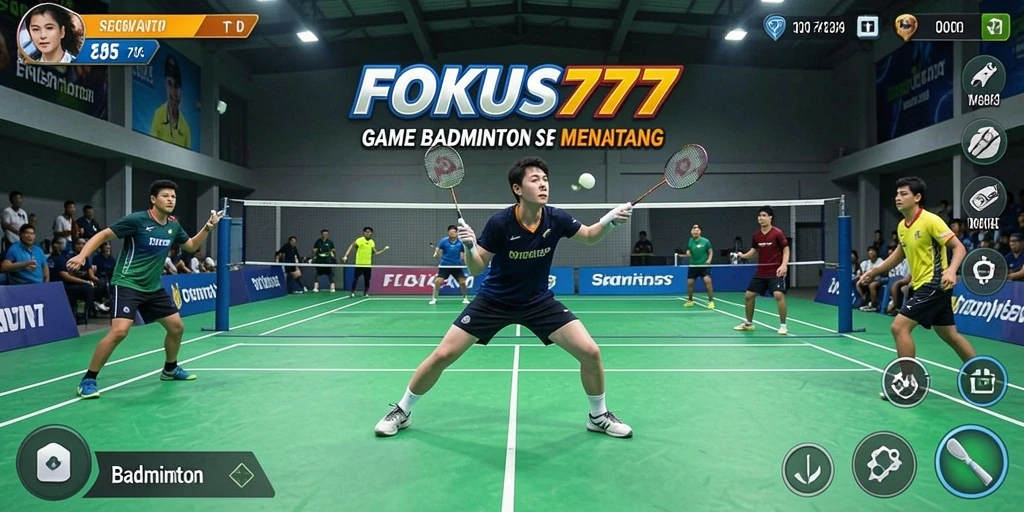 Antarmuka FOKUS777 dengan karakter dan lapangan badminton.