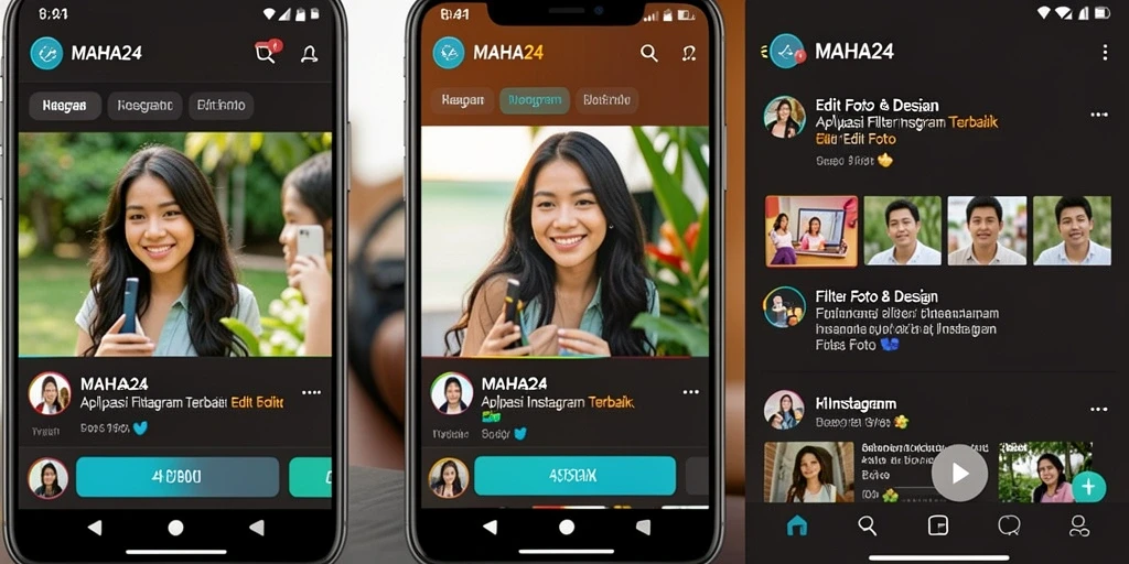 Antarmuka MAHA24 yang elegan dengan berbagai pilihan filter Instagram.