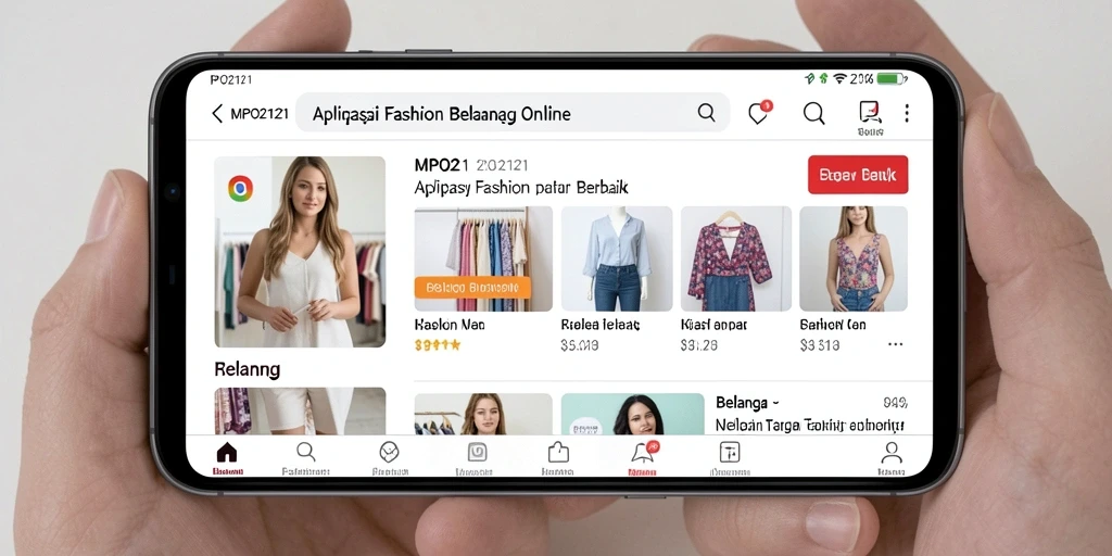 Screenshot utama MPO2121 menampilkan antarmuka belanja fashion yang menarik.